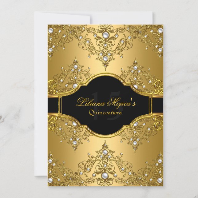 Gold Pearl Vintage Glamour Quinceanera Invitation (Front)