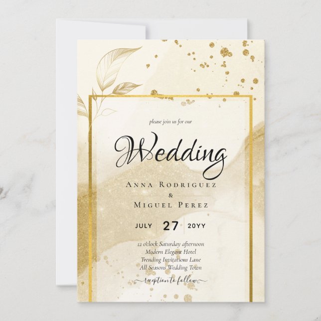 Gold Pearl WEDDING Alcohol INK Abstract LeahG Invitation (Front)