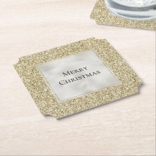 Gold Pearl White Glitzy Glitter Christmas Paper Coaster
