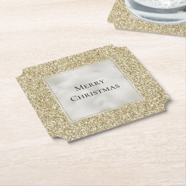 Gold Pearl White Glitzy Glitter Christmas    Paper Coaster (Angled)