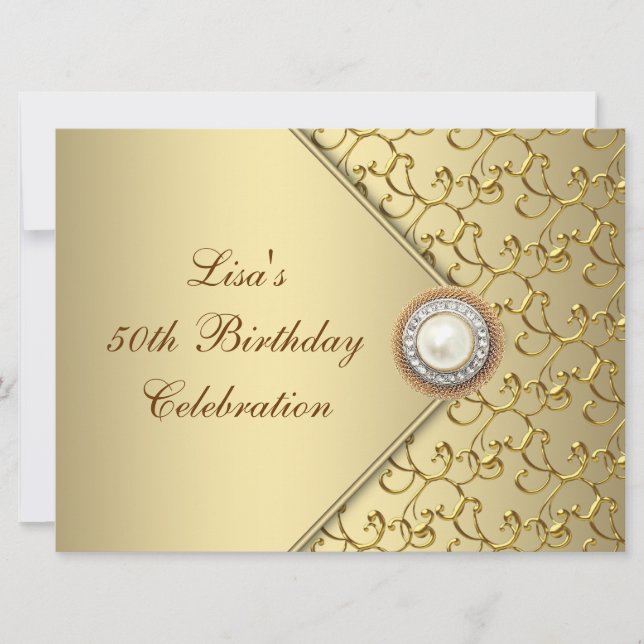 Gold Pearl Womans 50th Birthday Party Invitation (Front)