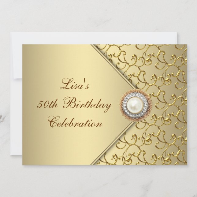 Gold Pearl Womans 50th Birthday Party Invitation (Front)