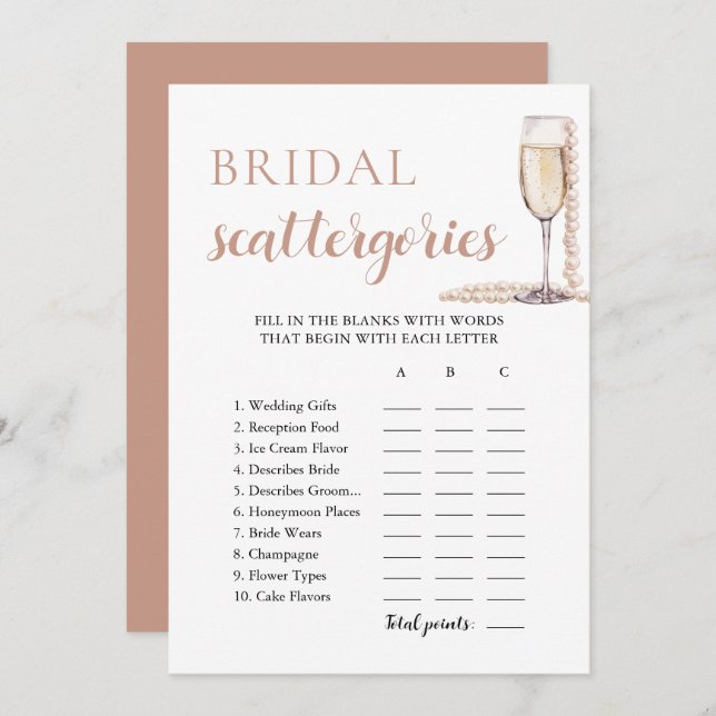 Gold Pearls and Prosecco Bridal Scattegories Game Invitation (Front/Back)