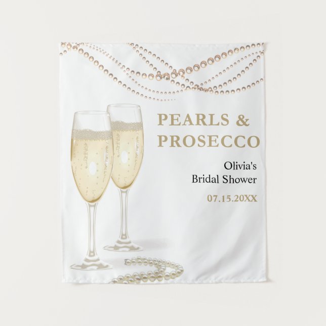 Gold Pearls and Prosecco Bridal Shower Backdrop Tapestry (Front)