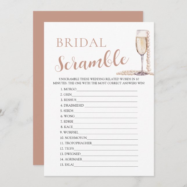 Gold Pearls and Prosecco Bridal Word Scramble Game Invitation (Front/Back)