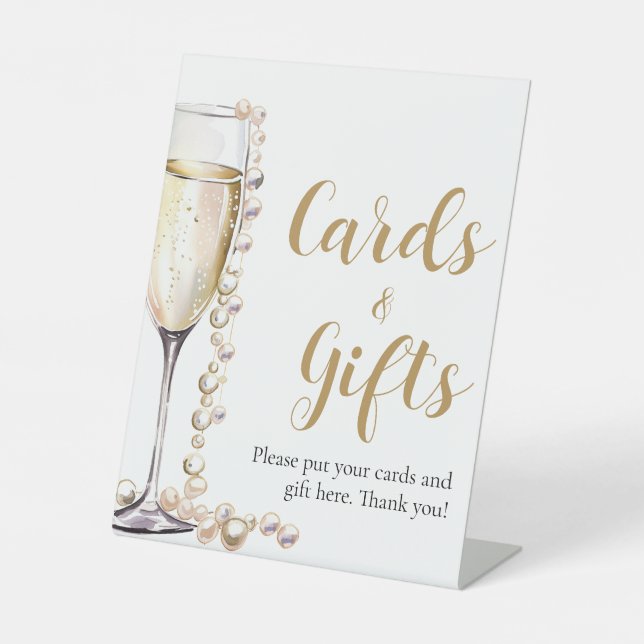Gold Pearls and Prosecco Champagne Cards And Gifts Pedestal Sign (Front)