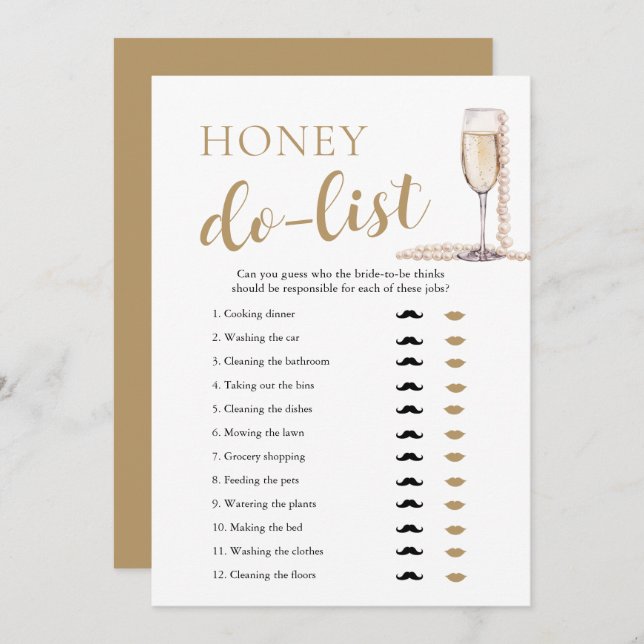 Gold Pearls and Prosecco Honey Do List Bridal Game Invitation (Front/Back)