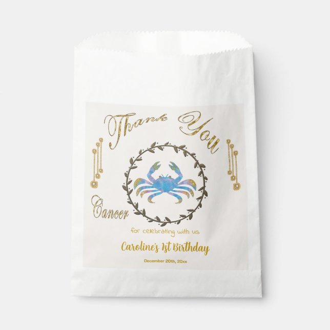 Gold & Pearls Cancer 1st Birthday Thank You Favour Bag (Front)