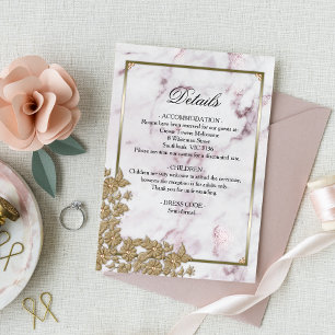 Gold Pearls Elegant Pink Marble Wedding Details Enclosure Card