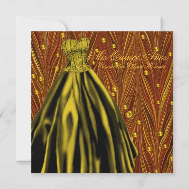 Gold Pearls Gold Dress Black Red Gold Quinceanera Invitation (Front)