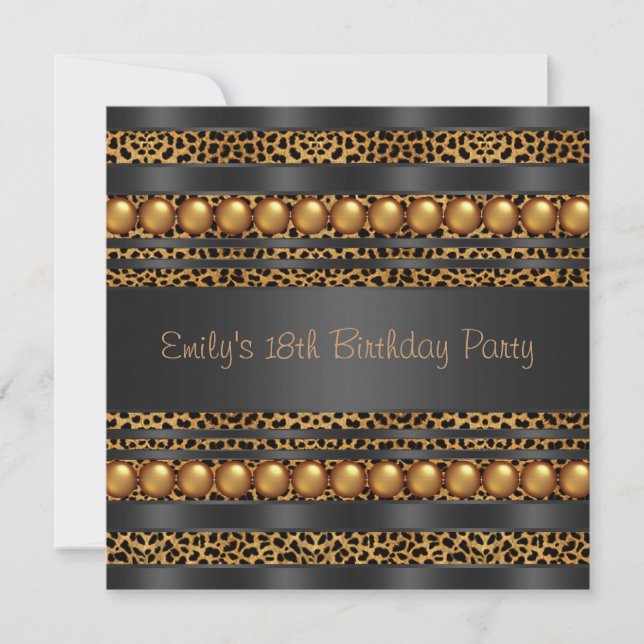 Gold Pearls Leopard Girls 18th Birthday Party Invitation (Front)