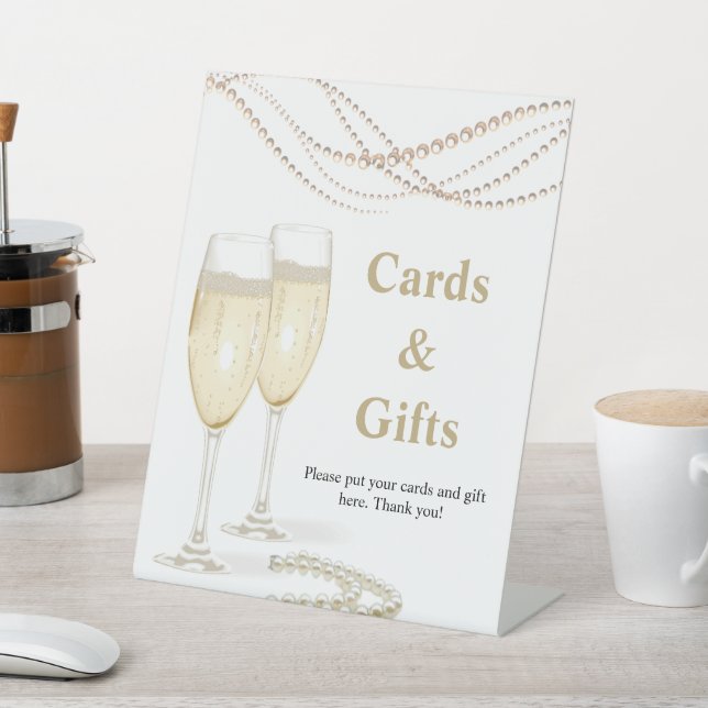 Gold Pearls & Prosecco Bridal Shower Cards & Gifts Pedestal Sign (In SItu)