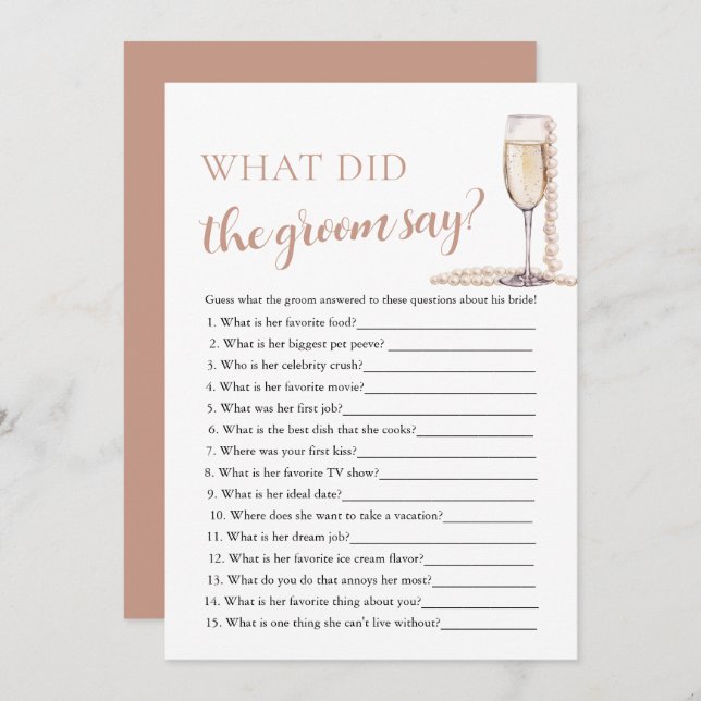 Gold Pearls & Prosecco What Did The Groom Say Game Invitation (Front/Back)
