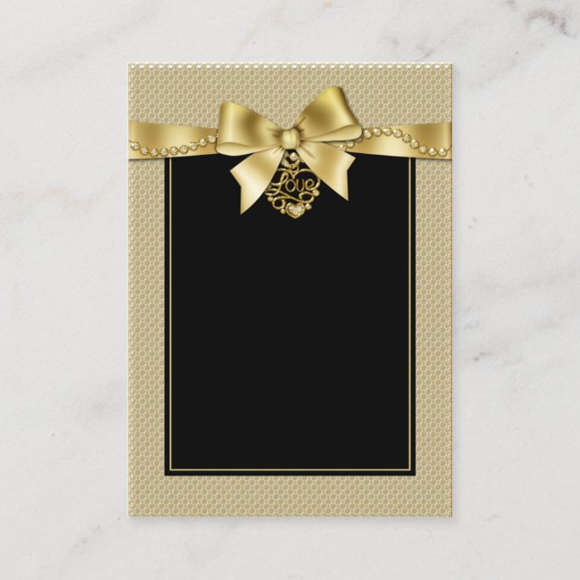 Gold Pearls Ribbon on Black Seating Cards (Front)