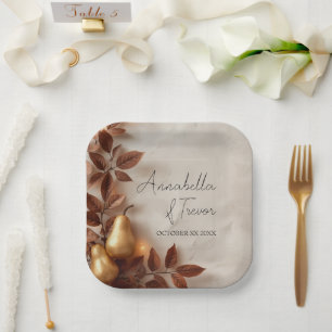 Gold Pears & Olive Leaves Autumn Custom Name Paper Plate