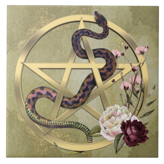 Gold Pentacle and Snake with Roses Pagan Altar Ceramic Tile (Front)