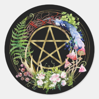 Gold Pentacle Nature Wreath Flowers Bohemian Classic Round Sticker