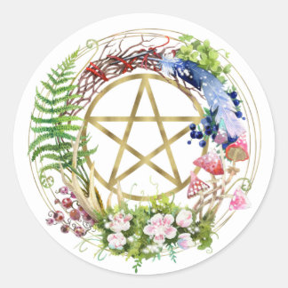 Gold Pentacle Nature Wreath Flowers Bohemian Classic Round Sticker