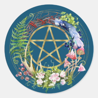 Gold Pentacle Nature Wreath Flowers Bohemian Classic Round Sticker
