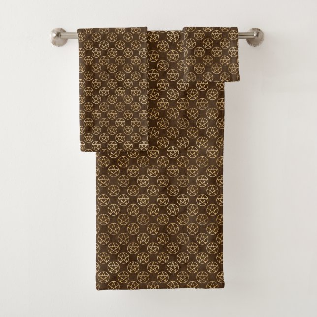 Gold Pentacles On Brown Bath Towel Set (Insitu)