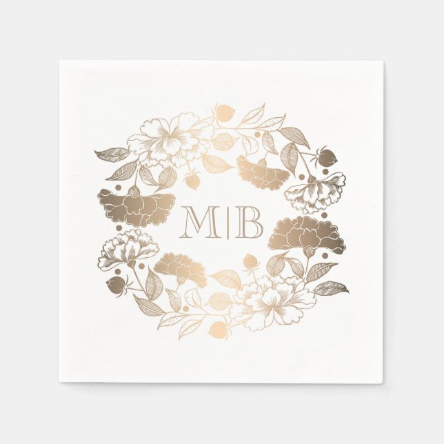 Gold Peonies - Floral Wreath Garden Wedding Napkin (Front)