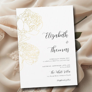 Gold Peonies Romance Elegant Floral Sketch Wedding Invitation