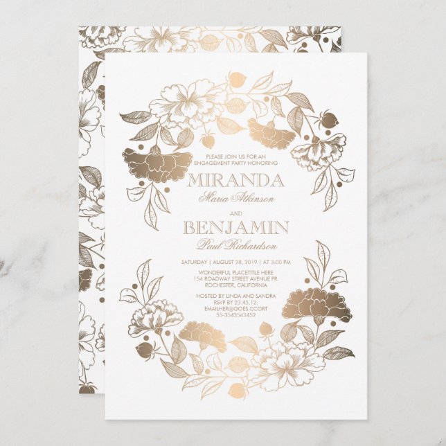 Gold Peony Floral Wreath Elegant Engagement Party Invitation (Front/Back)