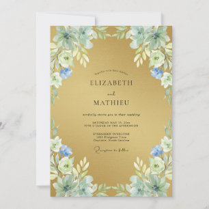 Gold Periwinkle Peony Wedding Invitation