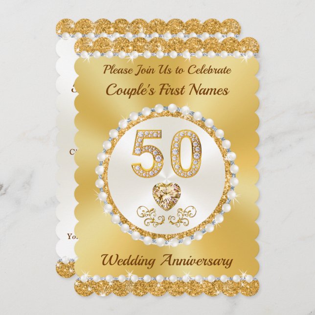 Gold Personalise, 50th Anniversary Invitation Card (Front/Back)