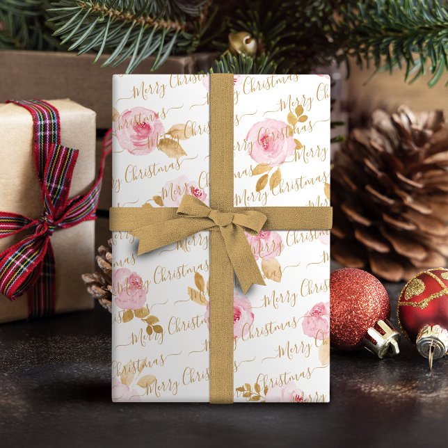 Gold  Personalised Merry Christmas Script Floral Wrapping Paper (Gold Personalized Merry Christmas Script Floral Wrapping Paper)
