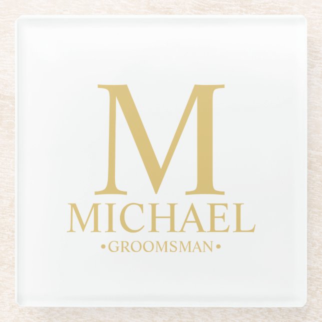 Gold Personalised Monogram and Name Groomsman Glass Coaster (Front)