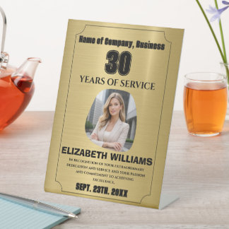 gold- Personalised Photo - Employee Wooden Awar  Pedestal Sign