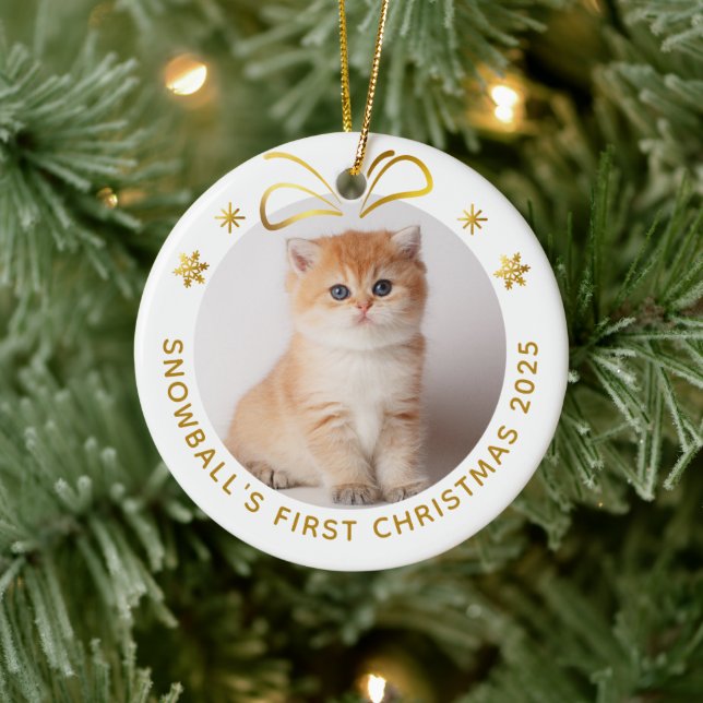 Gold Pet Cat Christmas Personalised Photo Holiday Ceramic Ornament (Tree)