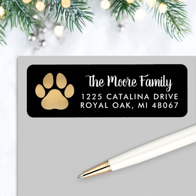 Gold Pet Paw Print | Soft Black Return Address Label (Creator Uploaded)