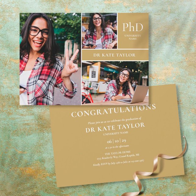 Gold PhD Degree 3 Photo Graduation Party Invitation (Creator Uploaded)