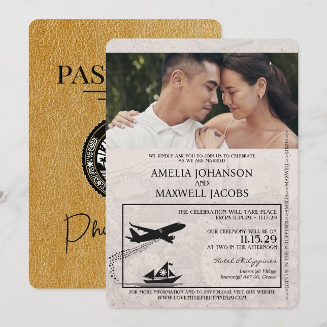 Gold Philippines Passport Wedding Invitation (Front/Back)