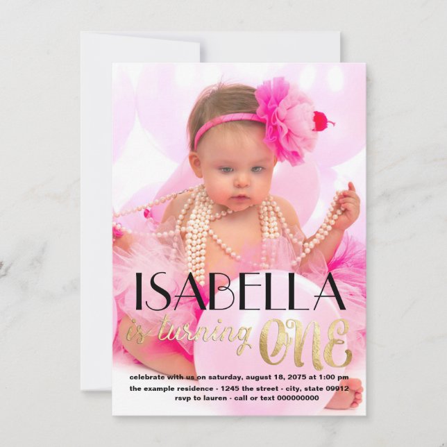 Gold Photo 1st Birthday Invitation (Front)