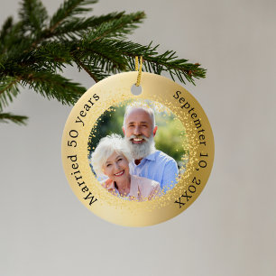 Gold photo 50th wedding anniversary ceramic ornament