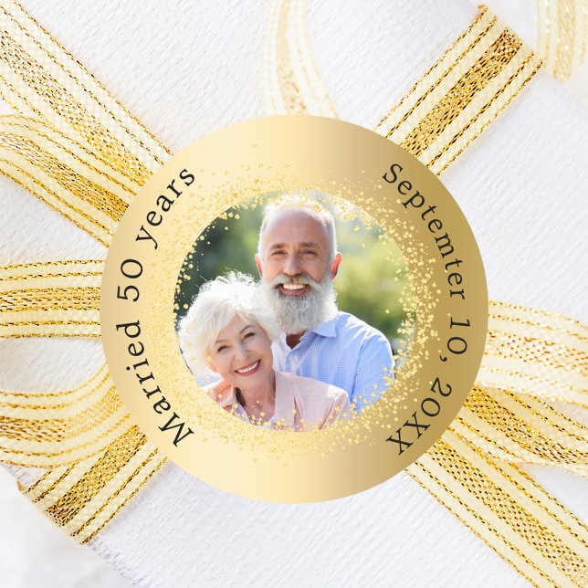 Gold photo 50th wedding anniversary classic round sticker (Creator Uploaded)