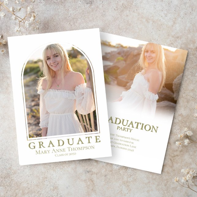Gold Photo Arch Graduation Party Classic Invitation (Gold typography photo graduation invitation template. )