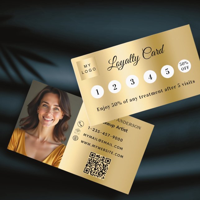 Gold photo business logo QR code loyalty card (Creator Uploaded)