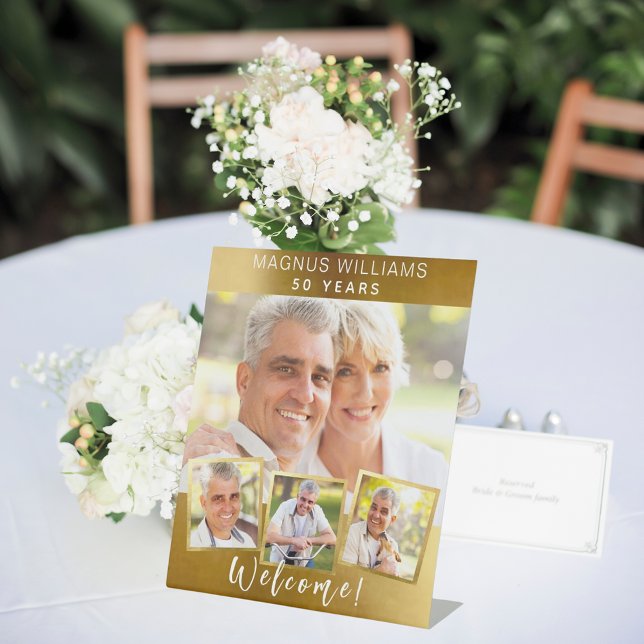 Gold photo collage birthday party welcome pedestal sign (Creator Uploaded)