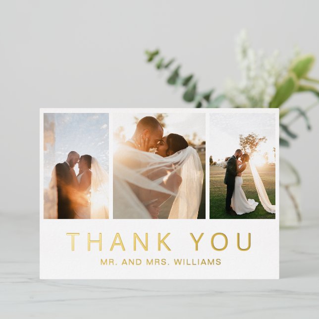Gold Photo Collage Wedding Thank You Card (Standing Front)