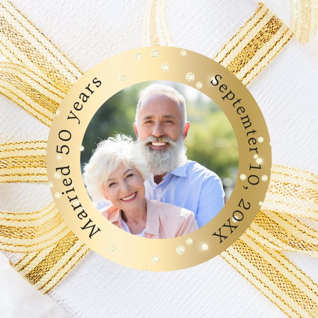 Gold photo diamonds 50th wedding anniversary classic round sticker (Creator Uploaded)