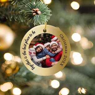 Gold photo family together quote Christmas Ceramic Ornament