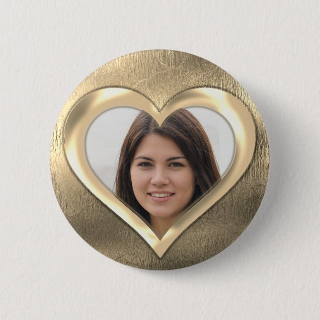 Gold Photo Frame Heart 6 Cm Round Badge (Front)