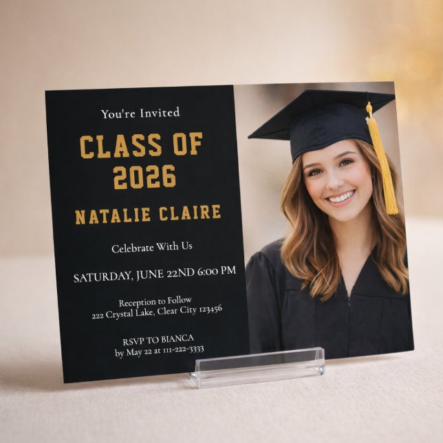 Gold Photo Graduation Invitation 2026 (Modern black and gold graduation invitation with photo, elegant senior celebration design)