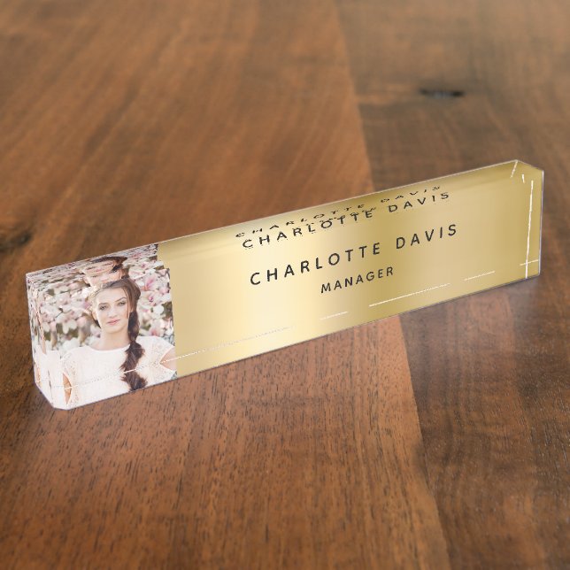 Gold photo monogram modern employee nameplate (Side)