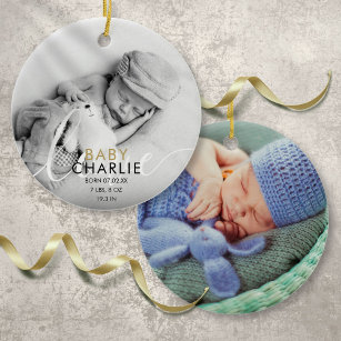 Gold Photo Script Baby Birth Stats Announcement Ceramic Ornament