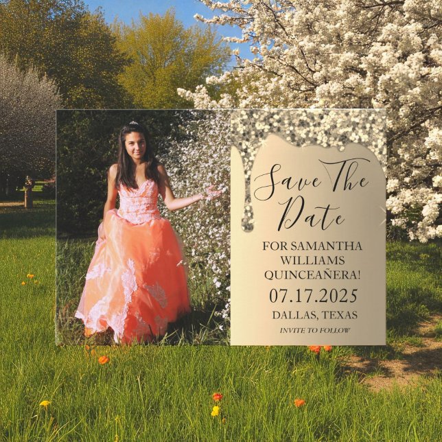 Gold Photo Sparkle Glitter Drips Quinceanera  Save The Date (Creator Uploaded)